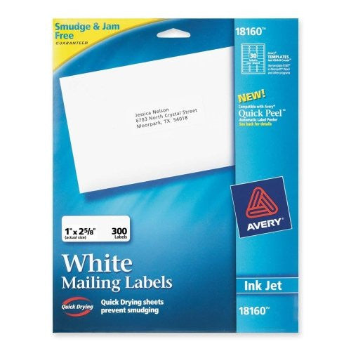 WHITE MAILING LABELS INKJET 1" X 2-5/8" PQT. 300