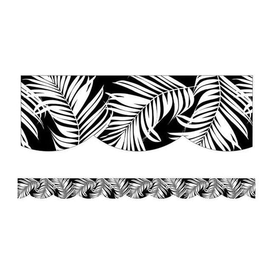 BLACK WITH WHITE LEAVES SCALLOPED BORDERS