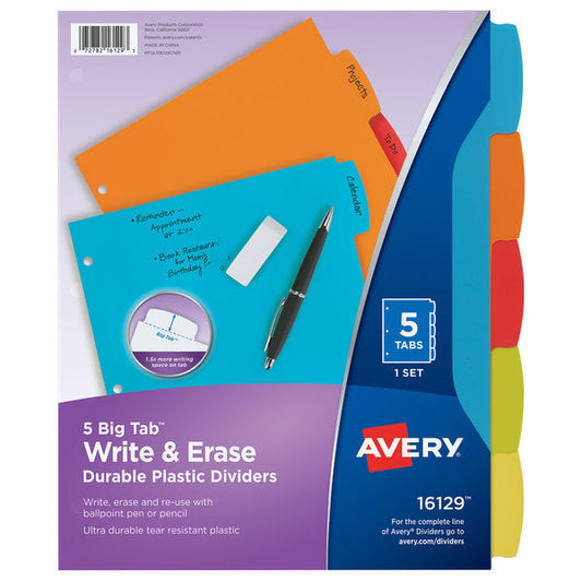 WRITE & ERASE DURABLE PLASTIC DIVIDERS 5-TAB SET