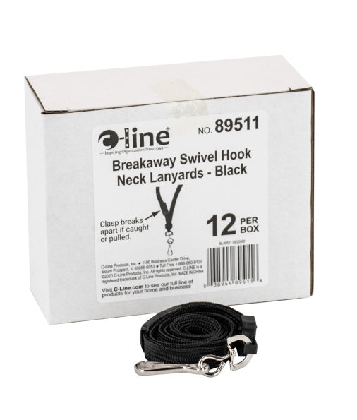 Breakaway Lanyards, Black, Swivel Hook, 12/BX