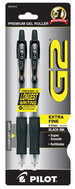 G2 Retractable Gel Pens Extra Fine Point 0.5 mm Black Ink Pkg. 2