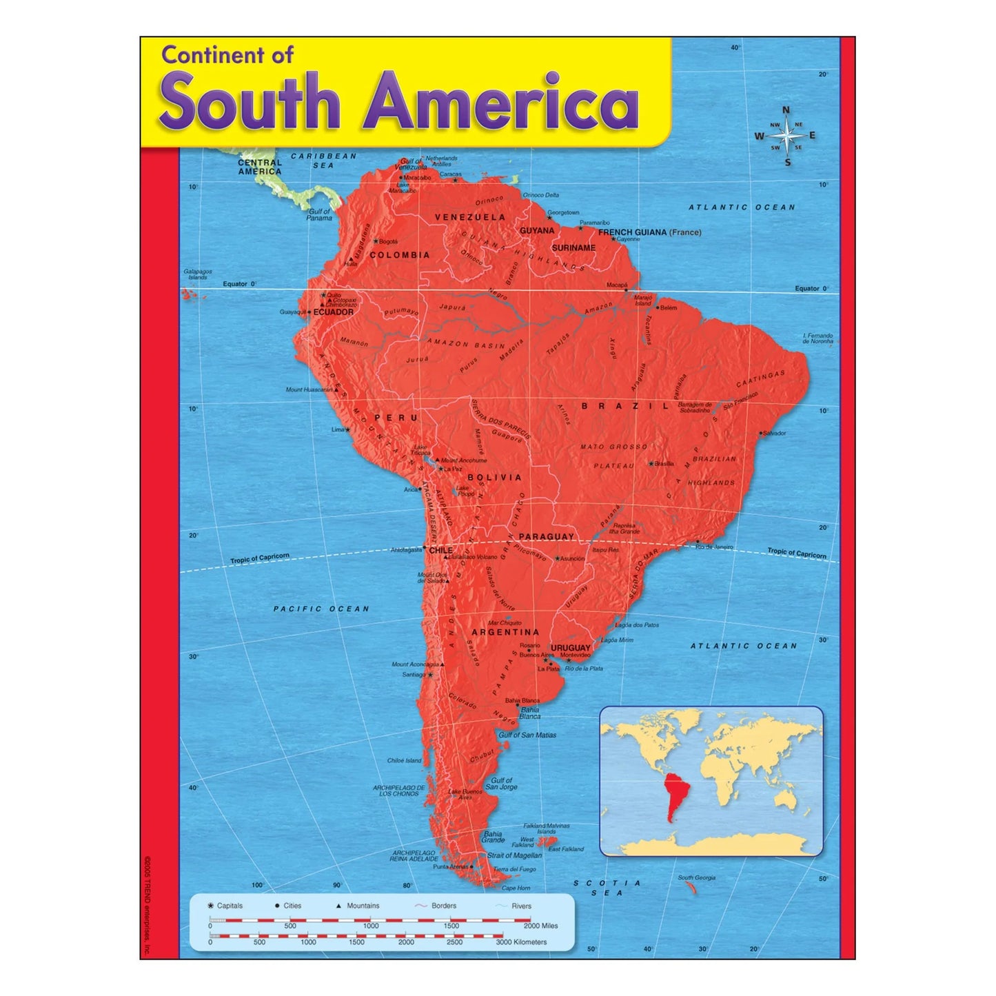 CONTINENT OF SOUTH AMERICA LEARNING CHART 17X22