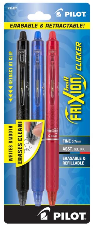 FriXion Clicker Erasable Pens Retractable Gel Ink Pens 0.7 mm Fine Asst. Color Pkg. 3