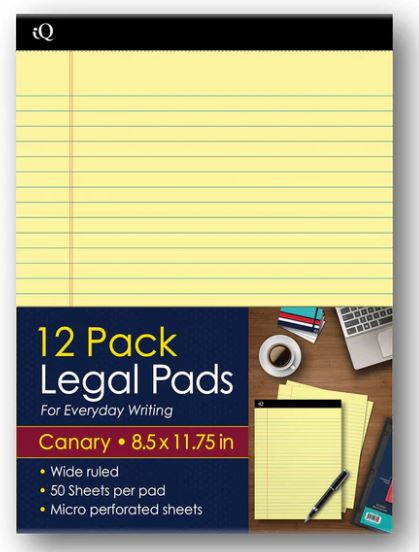 iQ Legal Pads Canary 8.5" x 11.75" 600 Sheets Pkg. 12