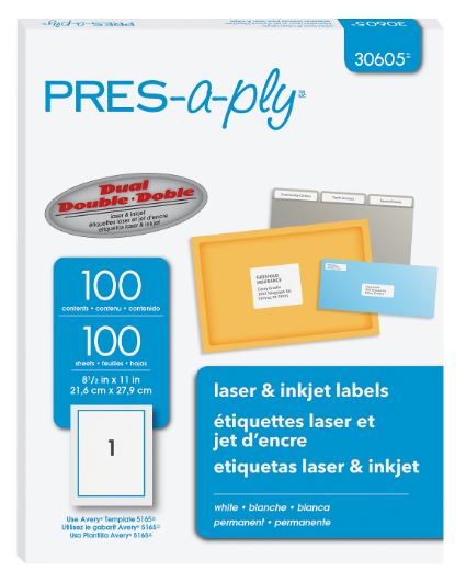 PRES-a-ply Laser Address Labels 8-1/2" x 11" White Cj. 100