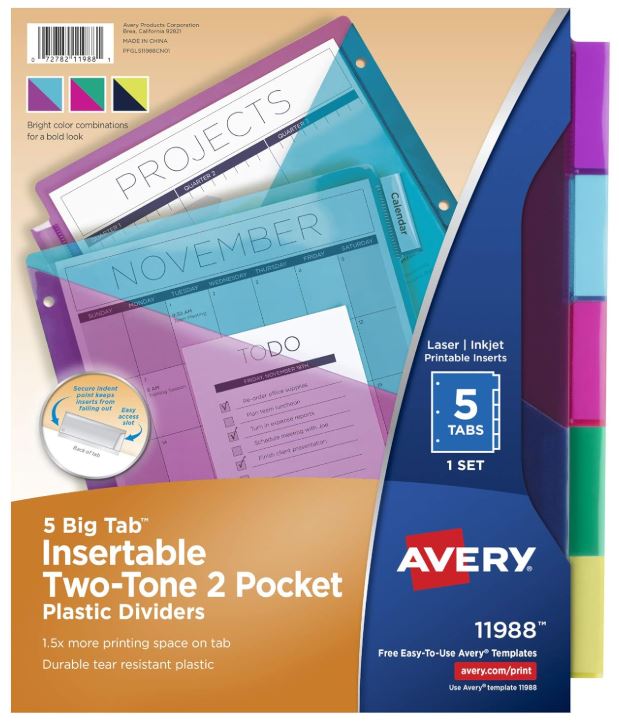 Big Tab Insertable Plastic 2 Pocket Divider Two-Tone Multicolor 5 Tab Set Pkg. 5