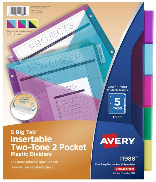 Big Tab Insertable Plastic 2 Pocket Divider Two-Tone Multicolor 5 Tab Set Pkg. 5