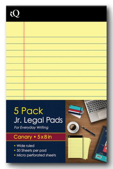 iQ Jr. Legal Pads Canary 5" x 8" 250 Sheets Pkg. 5