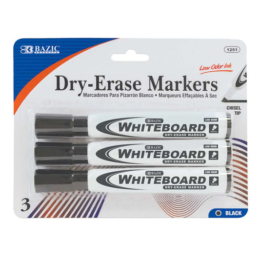 DRY ERASE MARKER BLACK CHISEL 3PK