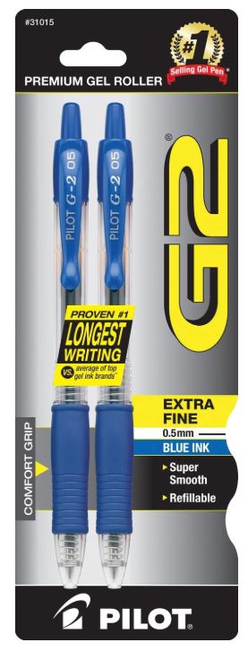 G2 Retractable Gel Pens Extra Fine Point 0.5 mm Blue Ink Pkg. 2