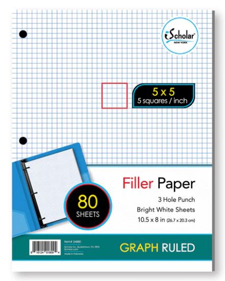 Filler Paper 5 x 5 Graph Ruled 10.5" x 8" Pkg. 80