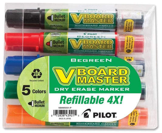 V Board Master BeGreen Refillable Dry-Erase Markers Bullet Tip Asst. Color Ink Pkg. 5