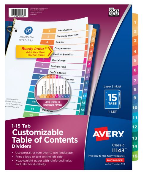 Dividers Customizable Table of Contents Multicolors 1-15 Tab Sets Pkg. 15