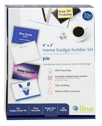 Pin Style Name Badges, Kit with inserts, clear, 4 x 3, 100/BX