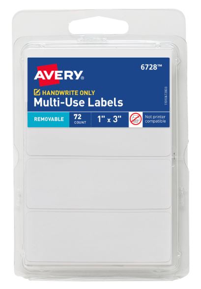 Removable Labels 1" x 3" White Non-Printable Pkg. 72