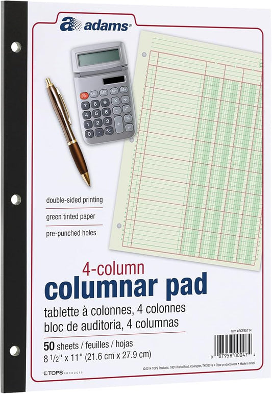 Columnar Analysis Pad, 4 Column Ledger, 8.5" x 11", 100 Pages