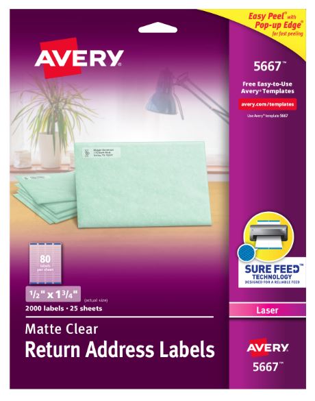 Matte Clear Return Address Labels 1/2" x 1-3/4" Pkg. 2000