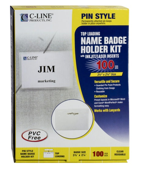 Pin Style Name Badges, Kit with inserts, clear, 3 1/2 x 2 1/4, 100/BX