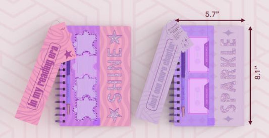 DIE CUT COVER JOURNAL W PEN STICKY PADS PURPLE SPIRAL JOURNAL