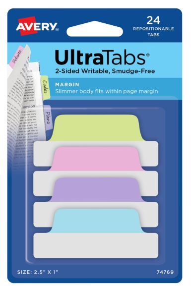 Ultra Tabs 2.5" x 1" Assorted Pastel Colors Pkg. 24