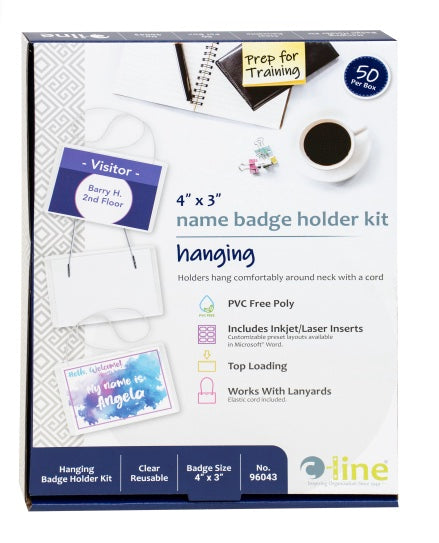 Hanging Style Name Badge Kit w/White Elastic Cord, Sealed with Inserts, 4 x 3, 50/BX