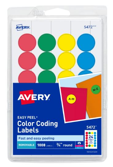 Removable Color-Coding Labels 3/4" Assorted Colors Pkg. 1008