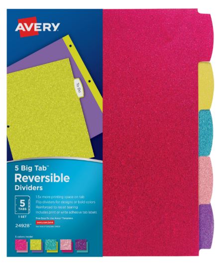 Big Tab Reversible Fashion Dividers 5-Tab Set Assorted Colors Pkg. 5