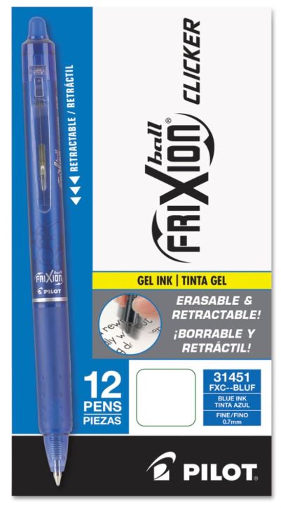 FriXion Clicker Erasable Pens Retractable Gel Ink Pens 0.7 mm Fine Blue Cj. 12
