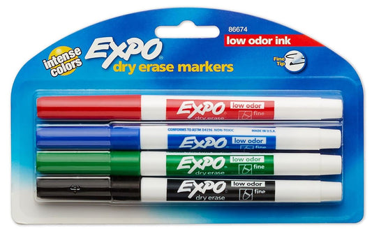 EXPO Dry Erase Markers Low Odor Ink Fine Tip Black Pkg. 4