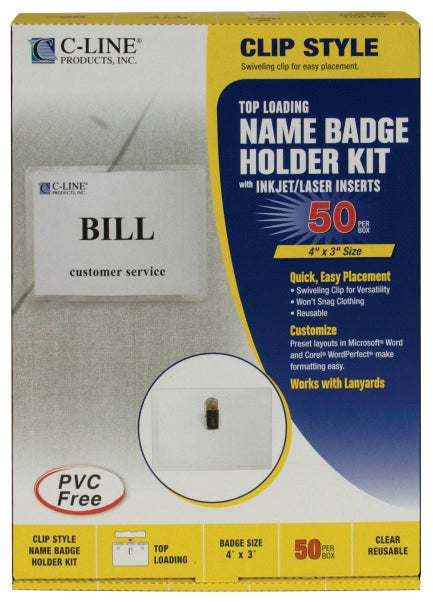 Clip Style Badge Holders, Sealed with inserts, 4 x 3, 50/BX