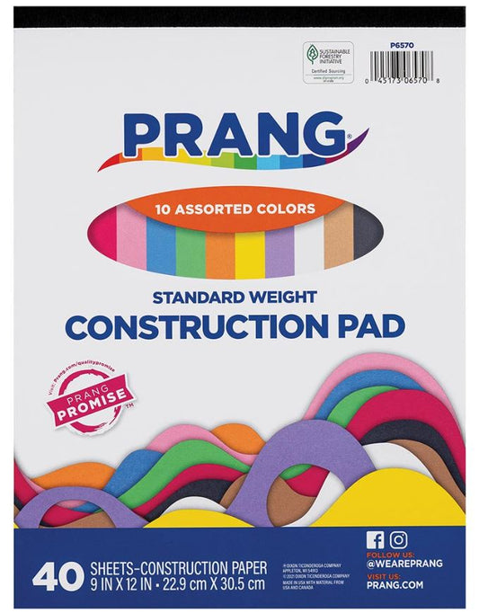 Construction Paper Pad 10 Asst. Colors 9” x 12” 40 Sheet