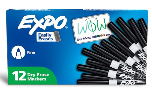 EXPO Dry Erase Markers Low Odor Ink Fine Tip Black Cj. 12