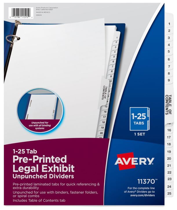 Premium Collated Binder Dividers 1-25 Tab Pkg. 25