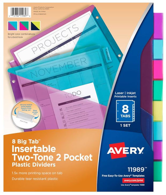 Big Tab Insertable Plastic 2 Pocket Divider Two-Tone Multicolor 8 Tab Set Pkg. 8