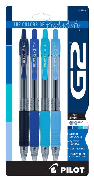 G2 Retractable Gel Pens Fine Point 0.7 mm Asst. Blue Ink Pkg. 4 - JA Riollano