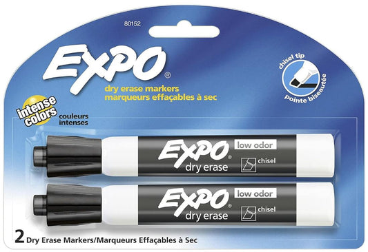 EXPO Dry Erase Markers Low Odor Ink Chisel Tip Black Pkg. 2