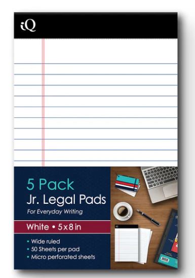 iQ Jr. Legal Pads White 5" x 8" 250 Sheets Pkg. 5