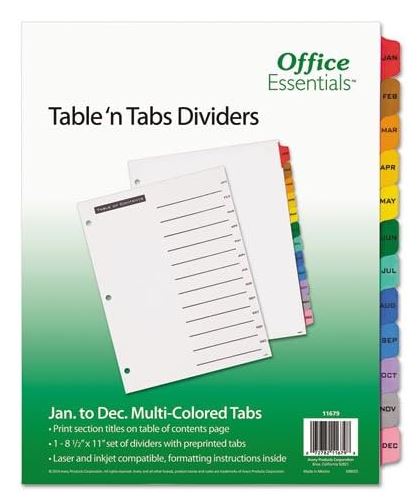 Table 'n Tabs Divider Multi-Color 12-Tab White Monthly