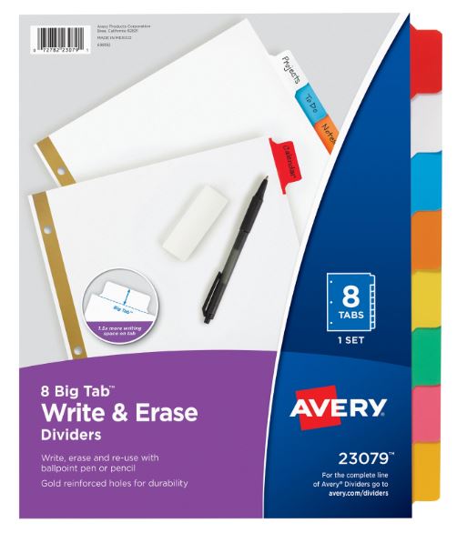 Big Tab Write & Erase Durable Plastic Dividers 8 Tab Set Multicolor Pkg. 8