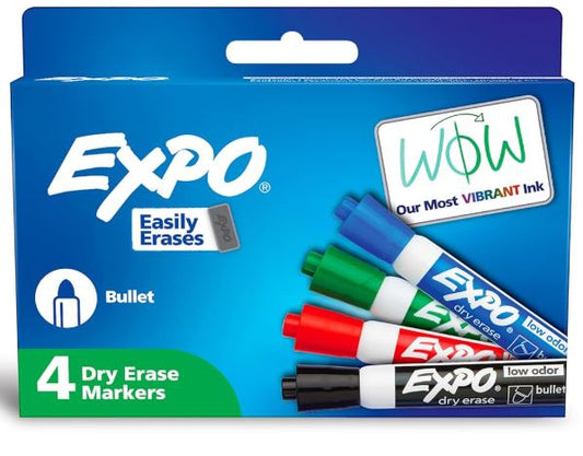 EXPO Dry Erase Markers Low Odor Ink Bullet Tip Black Pkg. 4