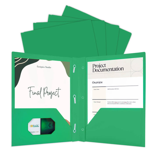 BAZIC Green Color 2-Pockets Poly Portfolio w/ 3 Prongs