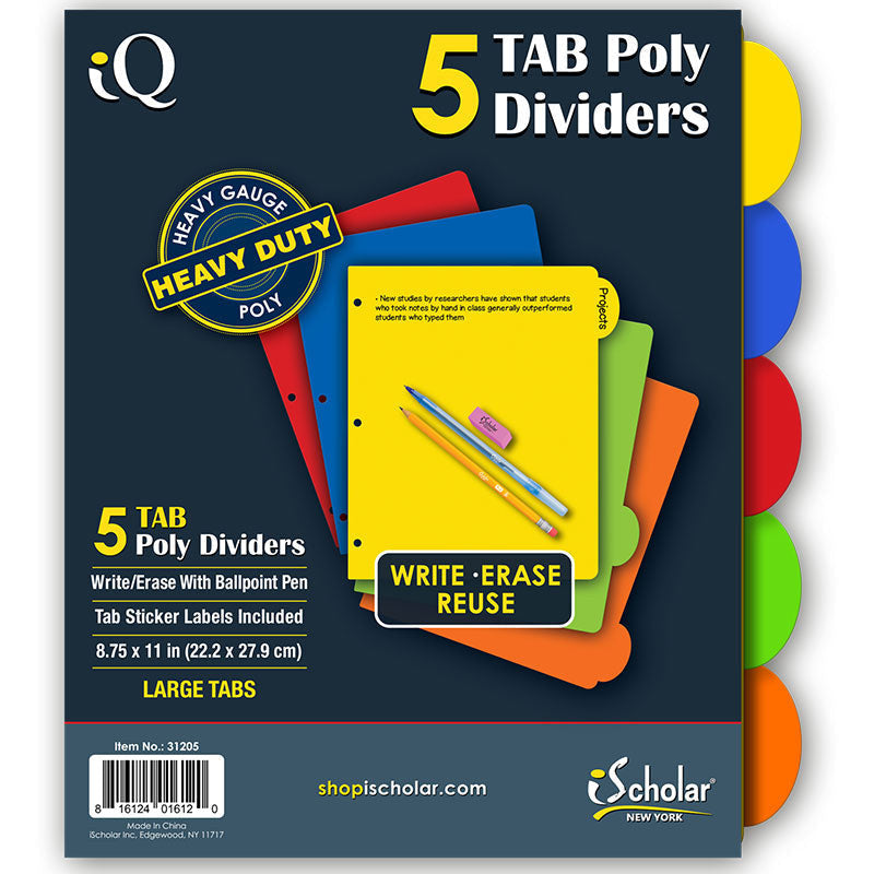PLASTIC INDEX DIVIDERS 5 BIG TAB WRITE/ERASE