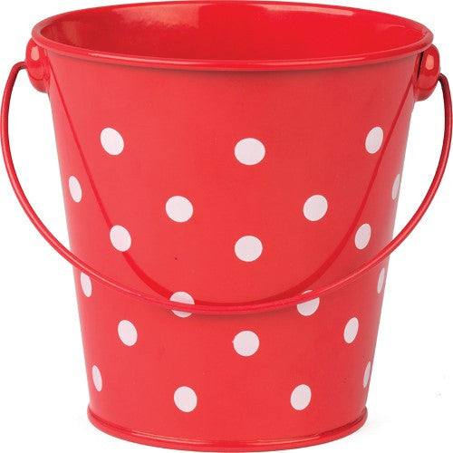 RED POLKA DOTS BUCKET 4-1/8" WIDE AND 4-1/8" HIGH.