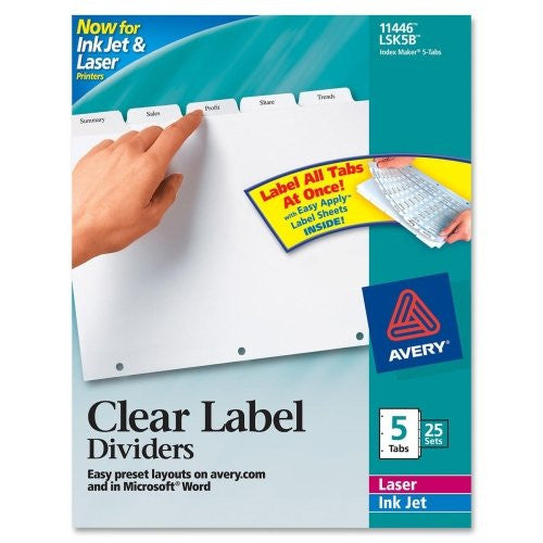 PRINT & APPLY CLEAR LABELS DIVIDER 5 TAB WHITE