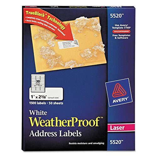 WATERPROOF ADDRESS LABELS WHITE 1 X 2-5/8" PQ.1500