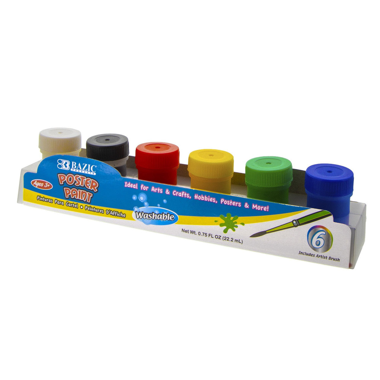 6 COLOR WASHABLE POSTER PAINT W/BRUSH .75 OZ