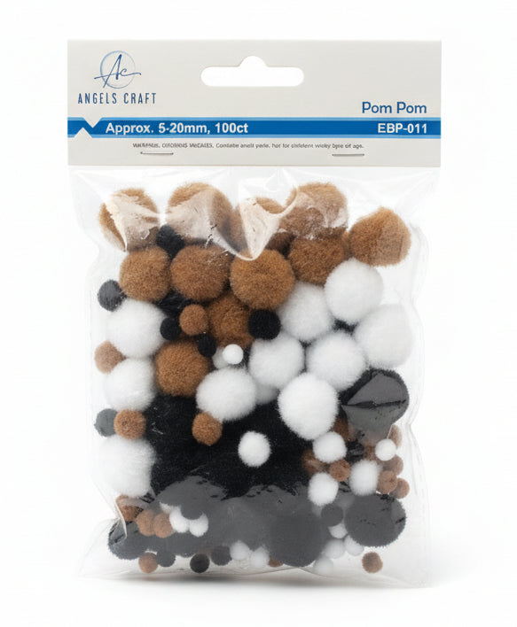 Pom-Poms | Asst. Colors and Sizes | Marrón , Blanco , Nregro | 100pcs