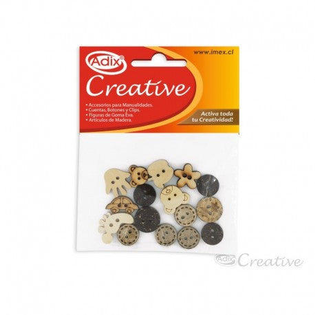 BOTON DE FIGURAS MADERA SURTIDO 16 PCS