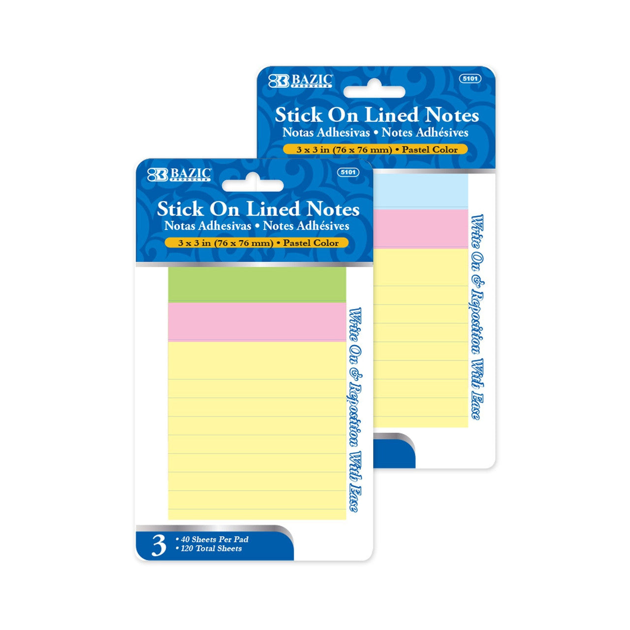 LINED STICK ON NOTES 3" X 3" ASSORTED 3/PK