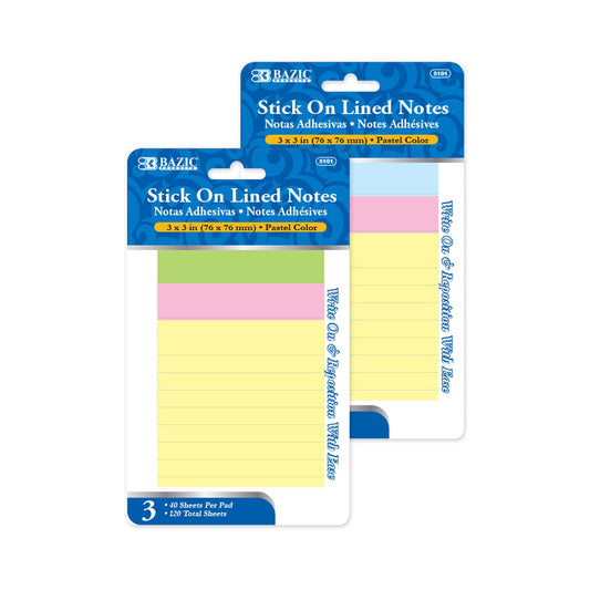 LINED STICK ON NOTES 3" X 3" ASSORTED 3/PK